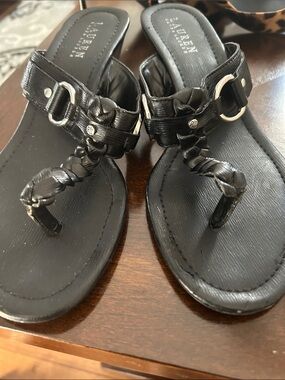Lauren Ralph Lauren Black Braided Toe-Ring Sandals with Silver Accents